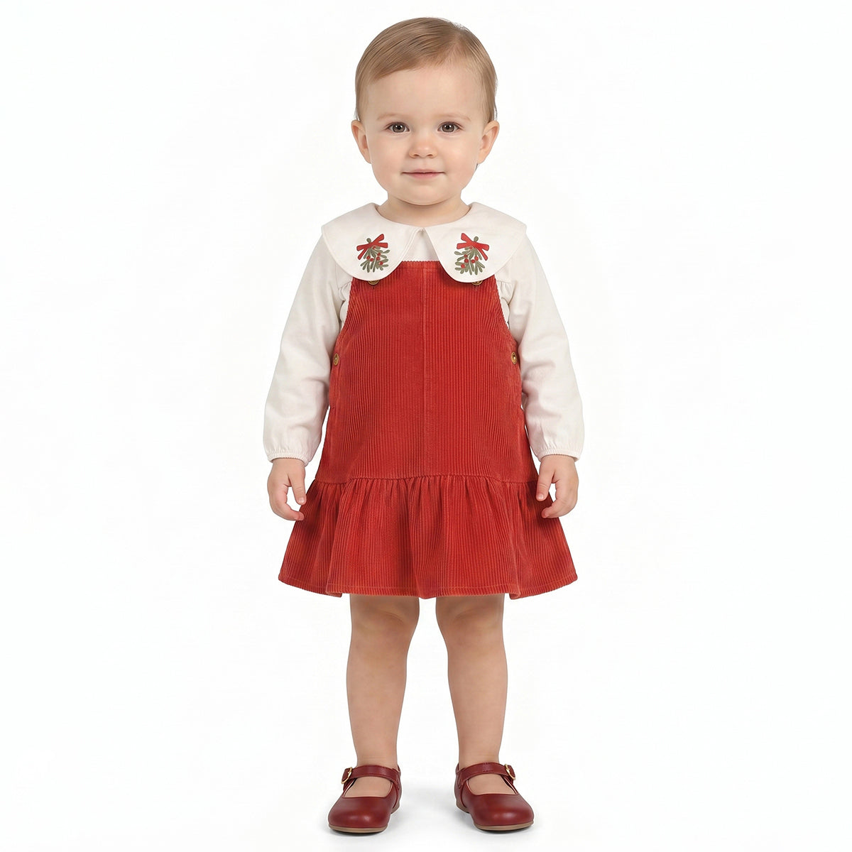 Baby Girls Red Corduroy Pinny Dress with White T-Shirt Casual Outfit Set