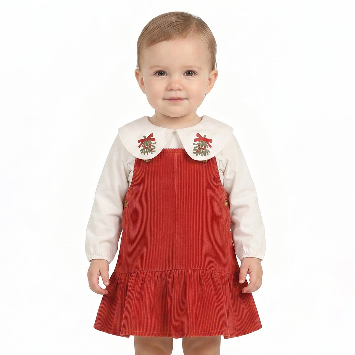 Baby Girls Red Corduroy Pinny Dress with White T-Shirt Casual Outfit Set