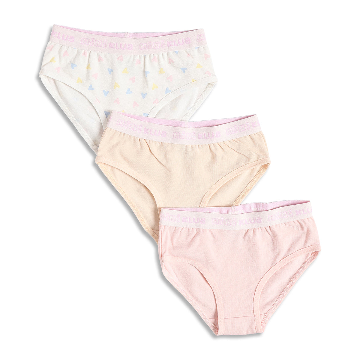 Baby Girls Heart Print and Solid Briefs Pack of 3, Pink and Cream