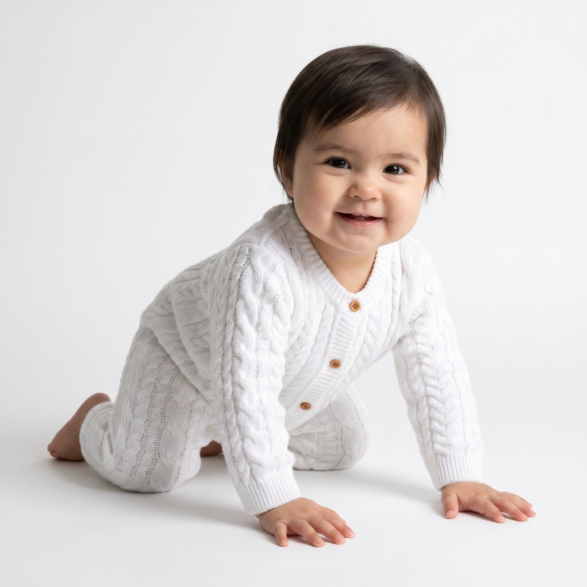 Baby Girls White Cotton Blend Cable Knit Romper Regular Fit Winter Wear