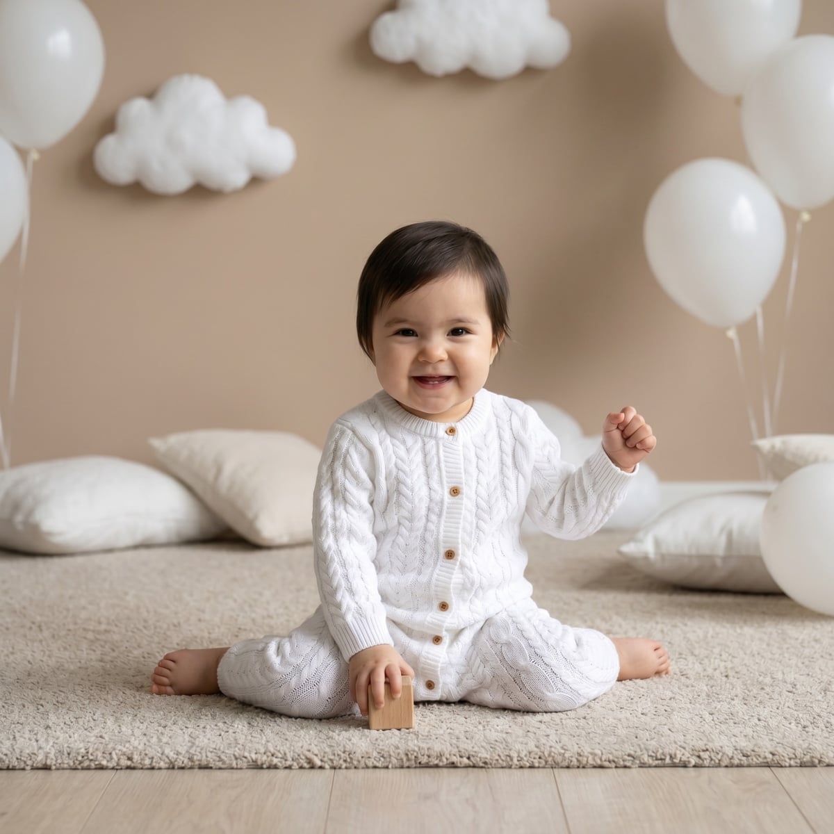 Baby Girls White Cotton Blend Cable Knit Romper Regular Fit Winter Wear