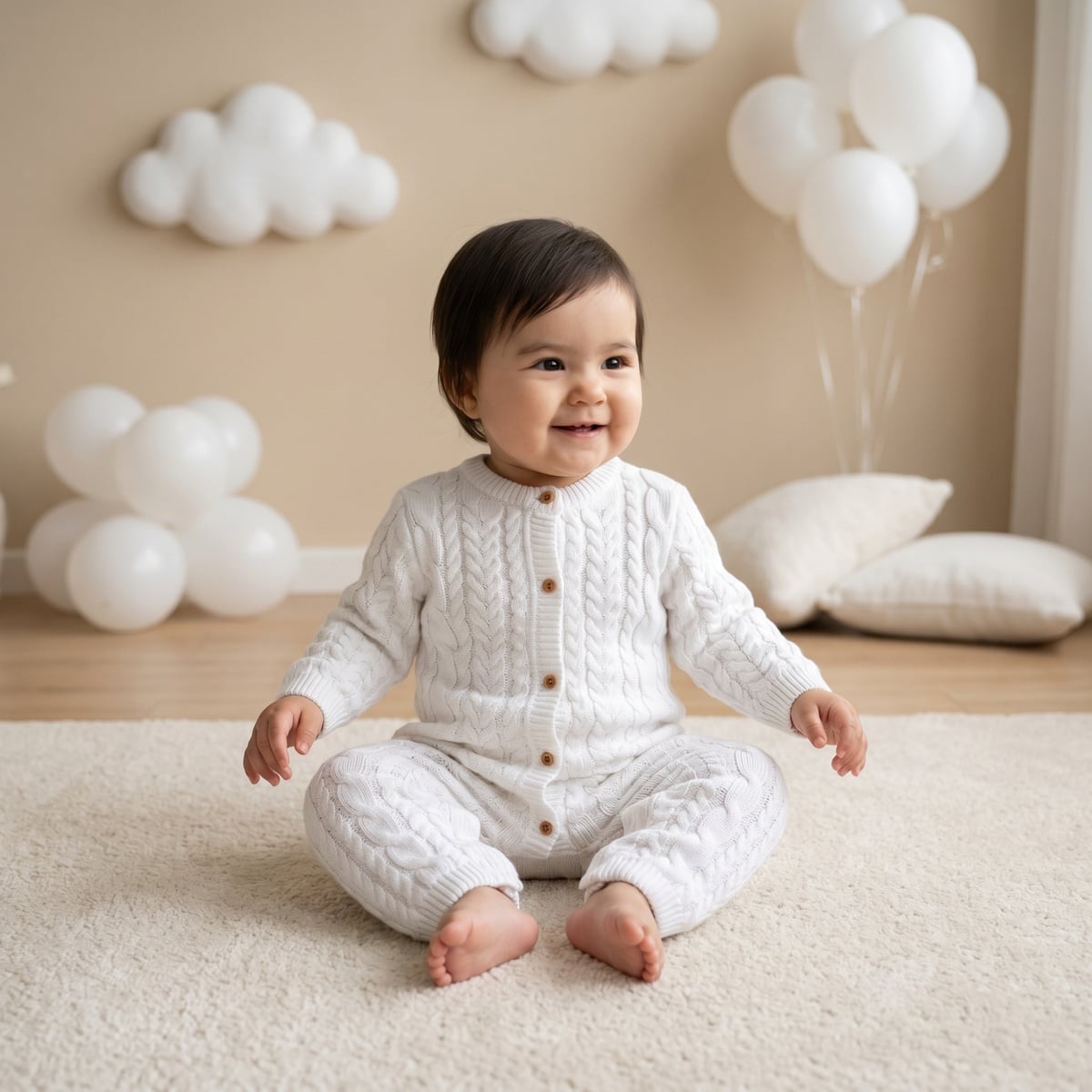 Baby Girls White Cotton Blend Cable Knit Romper Regular Fit Winter Wear