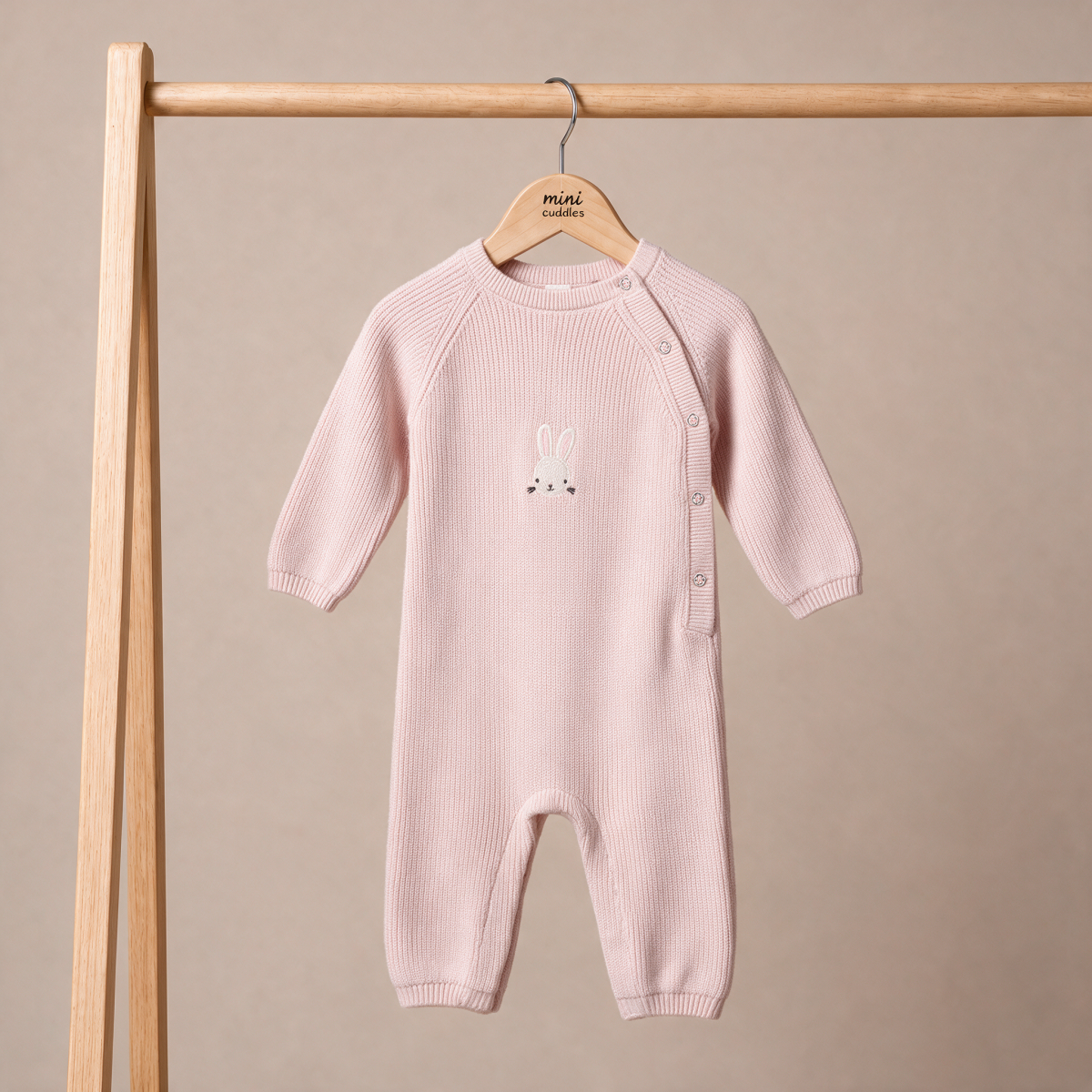 Baby Girls Pink Cotton Blend Bunny Embroidered Knit Romper Regular Fit Winter Wear