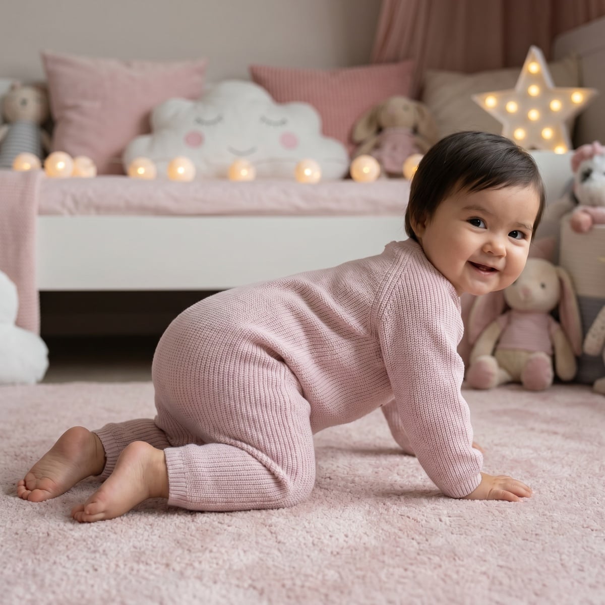 Baby Girls Pink Cotton Blend Bunny Embroidered Knit Romper Regular Fit Winter Wear