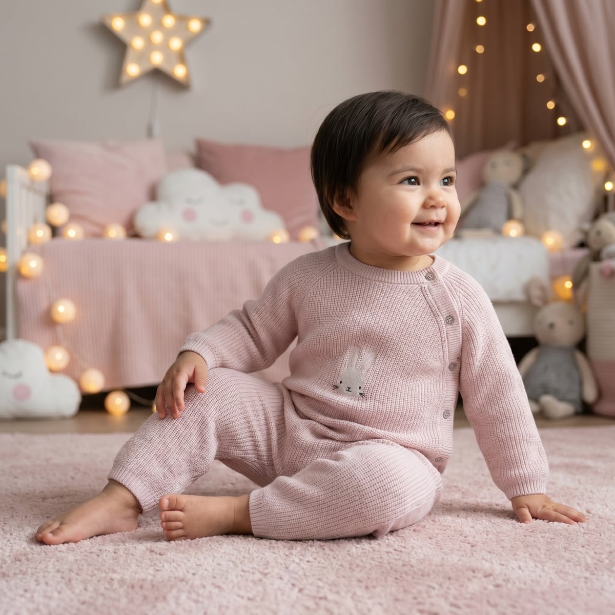 Baby Girls Pink Cotton Blend Bunny Embroidered Knit Romper Regular Fit Winter Wear