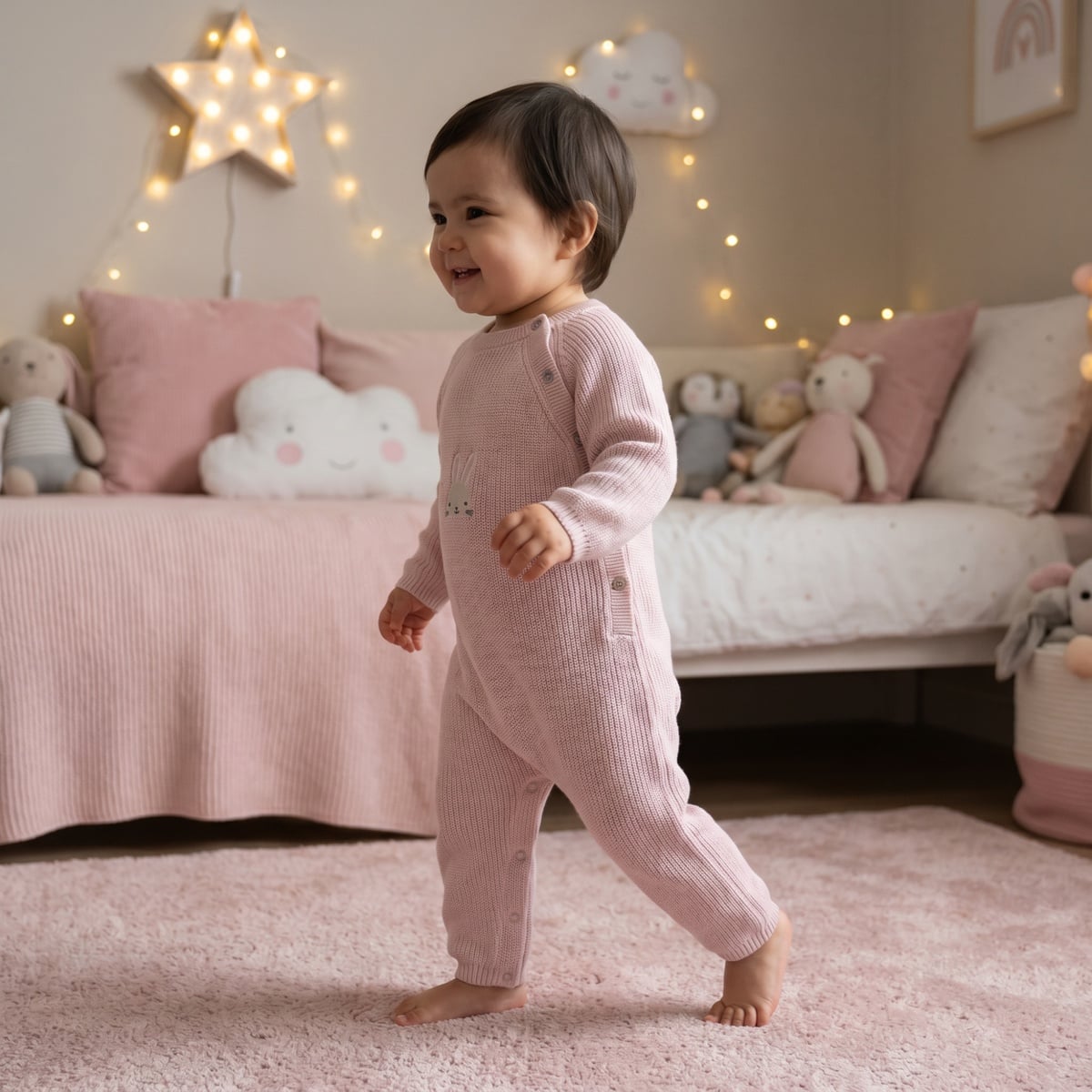Baby Girls Pink Cotton Blend Bunny Embroidered Knit Romper Regular Fit Winter Wear