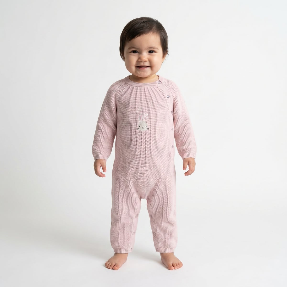 Baby Girls Pink Cotton Blend Bunny Embroidered Knit Romper Regular Fit Winter Wear