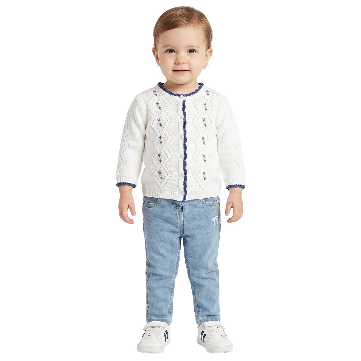 Baby Girls White Embroidered Knit Shrug Regular Fit