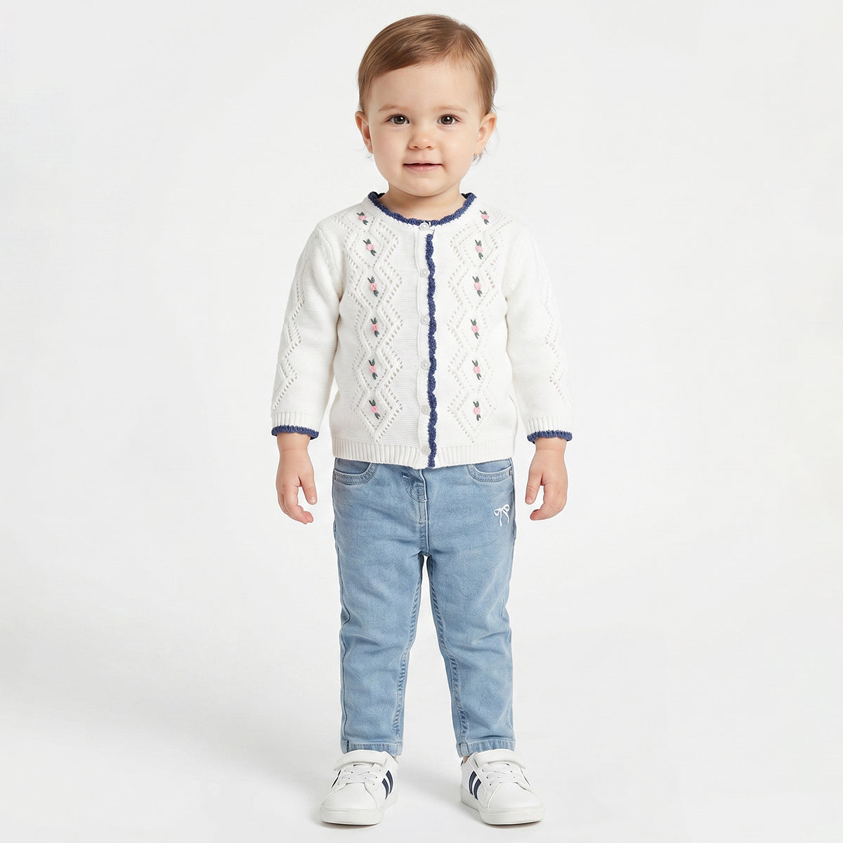 Baby Girls White Embroidered Knit Shrug Regular Fit.