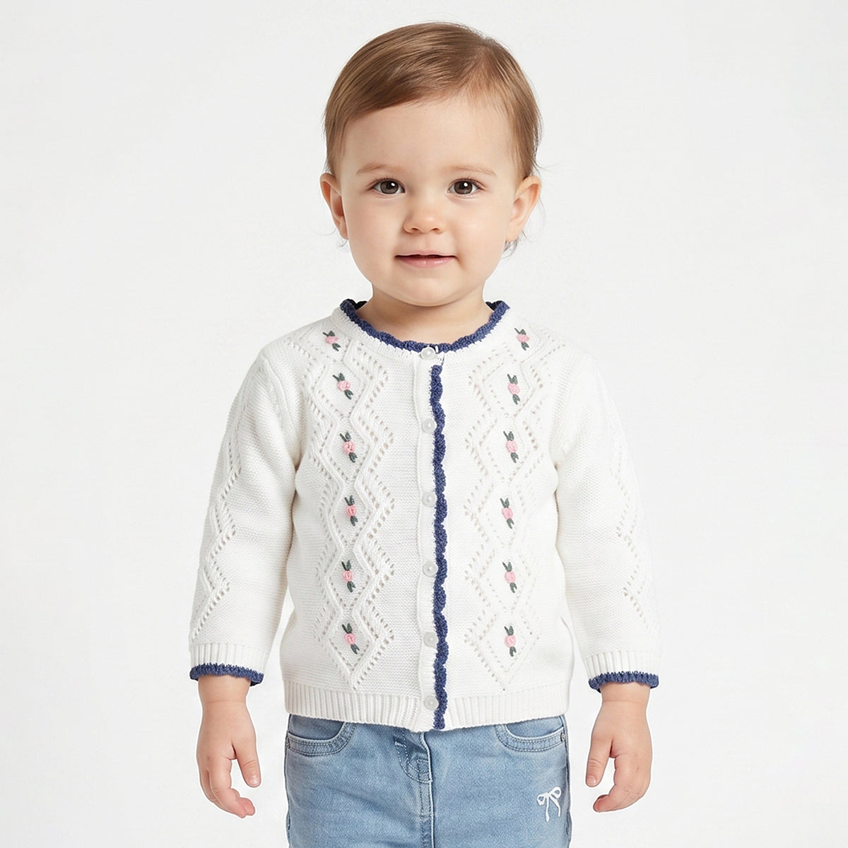 Baby Girls White Embroidered Knit Shrug Regular Fit.