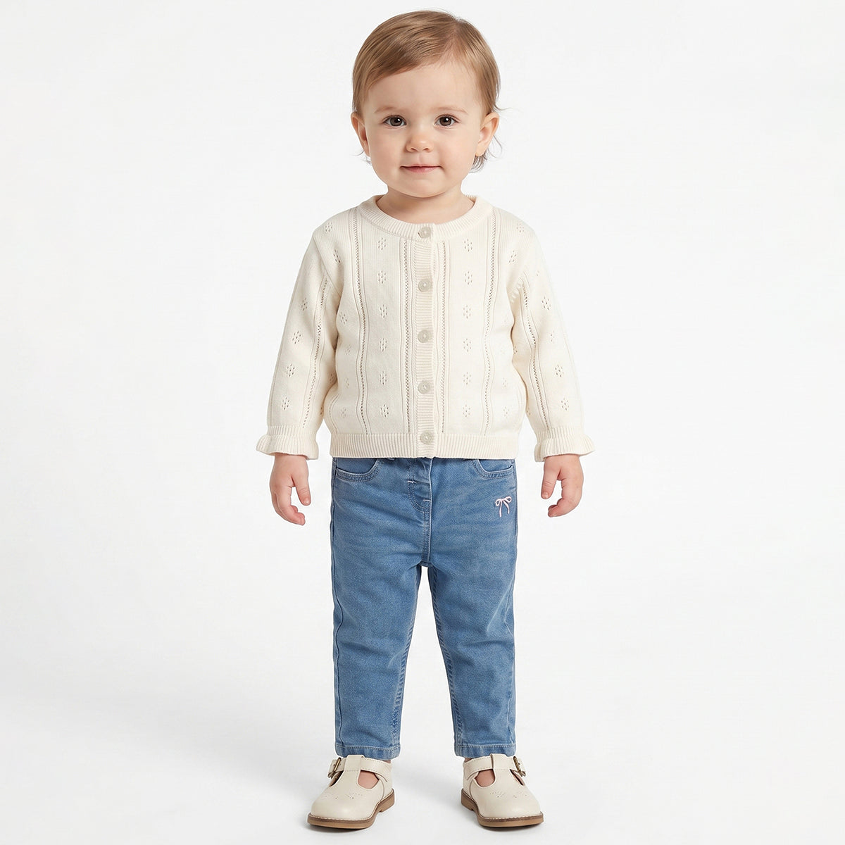 Baby Girls Cream Pointelle Knit Shrug Regular Fit.