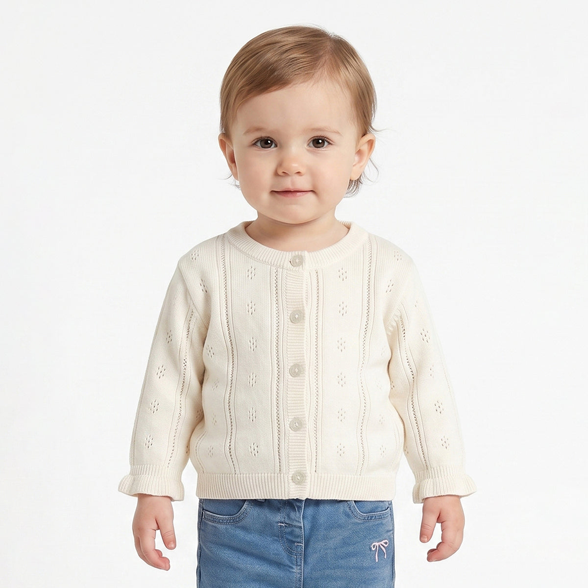 Baby Girls Cream Pointelle Knit Shrug Regular Fit.