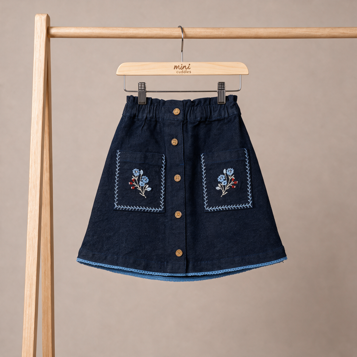 Baby Girls Navy Blue Denim Floral Embroidered Skirt With Blue Stockings Regular Fit Casual Wear
