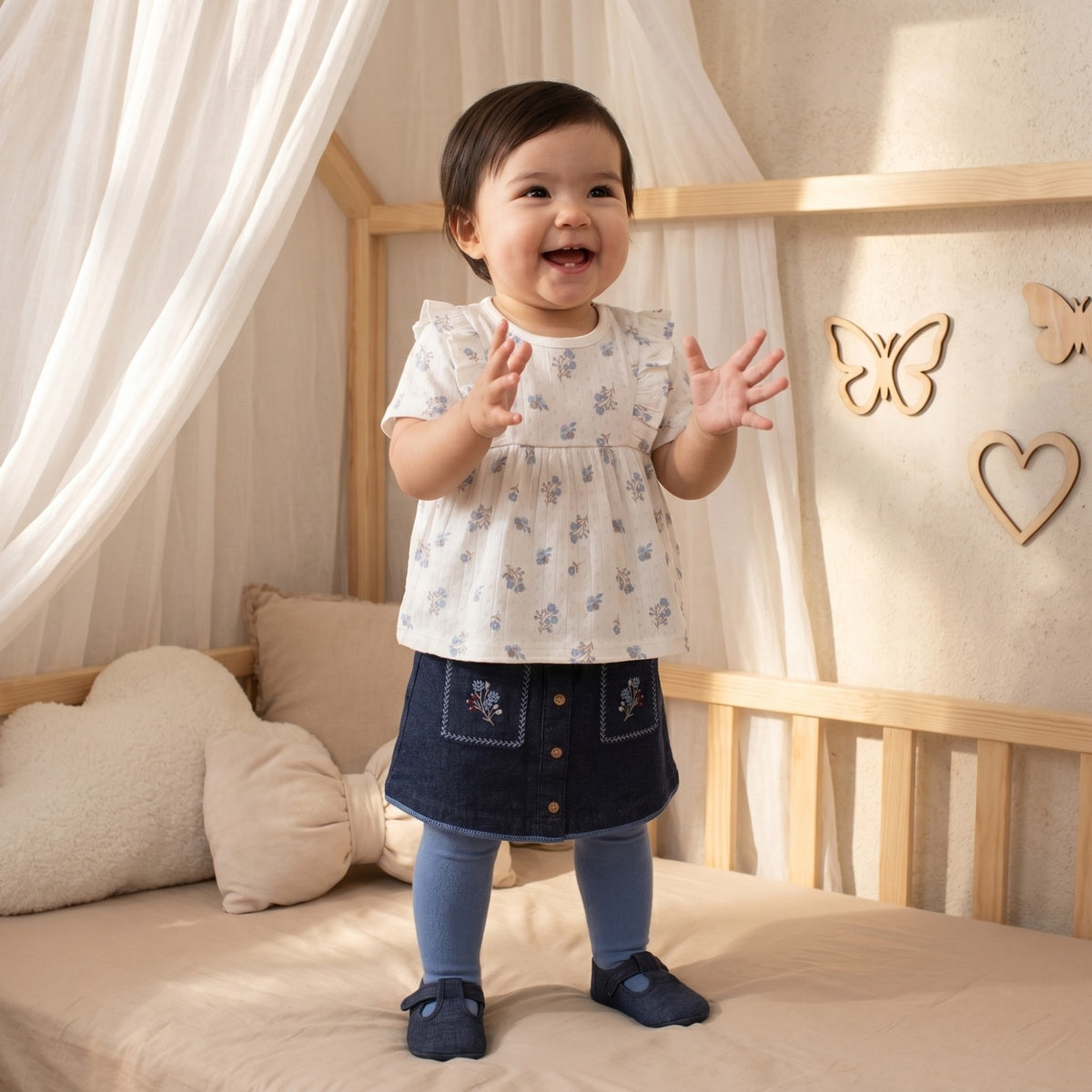Baby Girls Navy Blue Denim Floral Embroidered Skirt With Blue Stockings Regular Fit Casual Wear