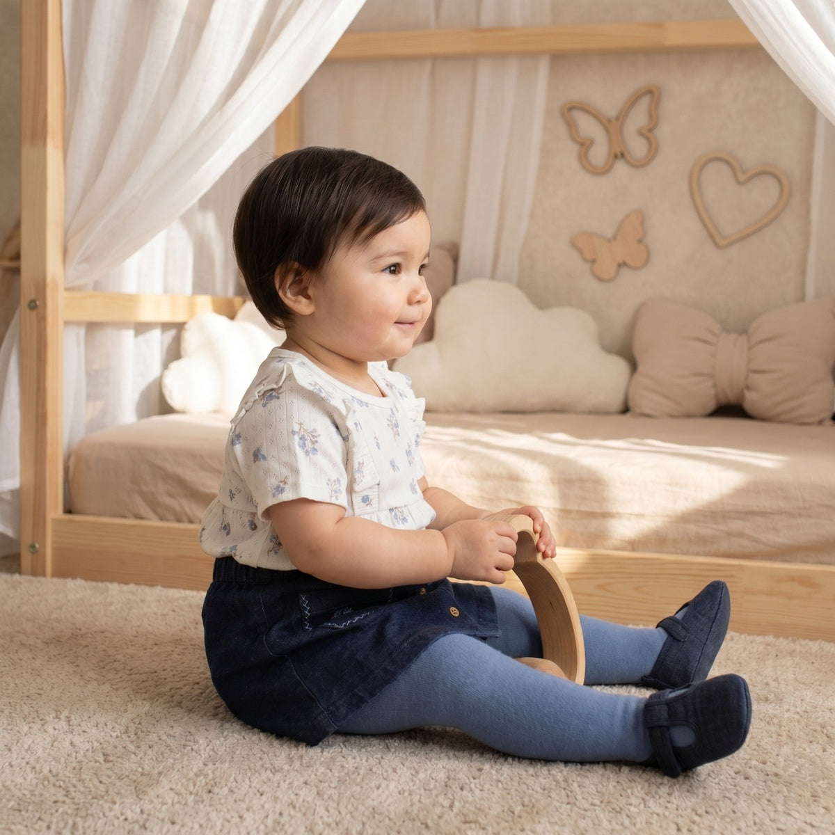 Baby Girls Navy Blue Denim Floral Embroidered Skirt With Blue Stockings Regular Fit Casual Wear