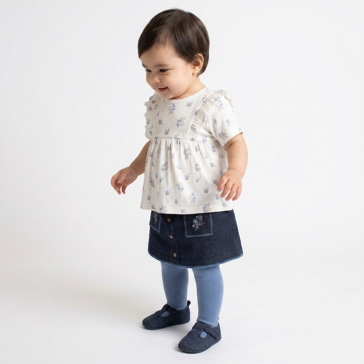 Baby Girls Navy Blue Denim Floral Embroidered Skirt With Blue Stockings Regular Fit Casual Wear