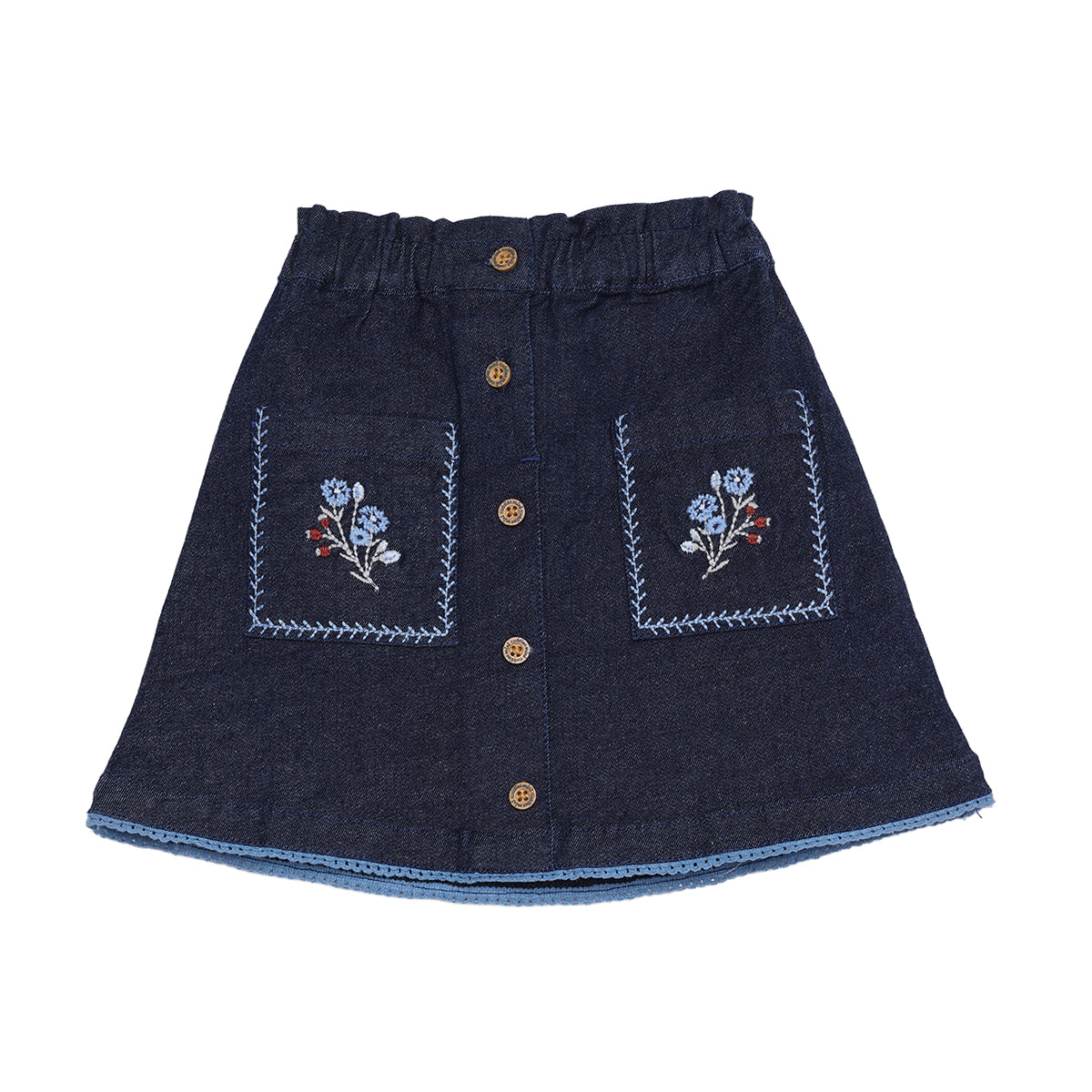 Baby Girls Navy Blue Denim Floral Embroidered Skirt With Blue Stockings Regular Fit Casual Wear