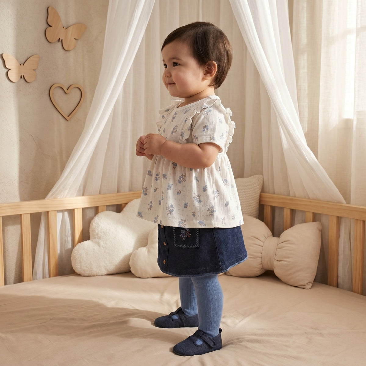 Baby Girls Navy Blue Denim Floral Embroidered Skirt With Blue Stockings Regular Fit Casual Wear