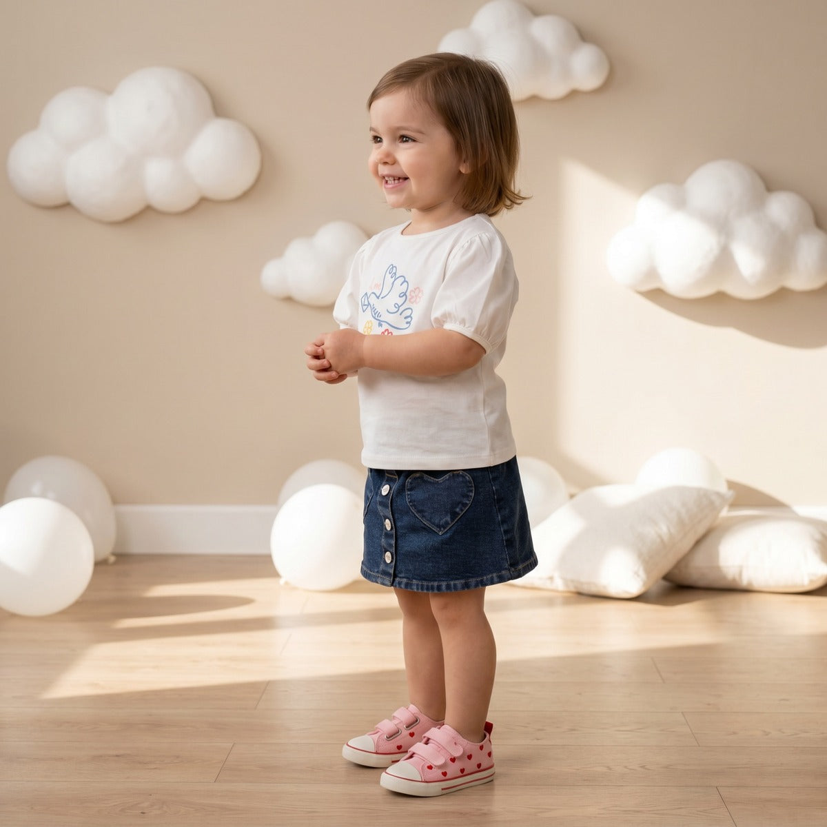 Baby Girls Navy Blue Denim Heart Applique Skirt Regular Fit Casual Wear