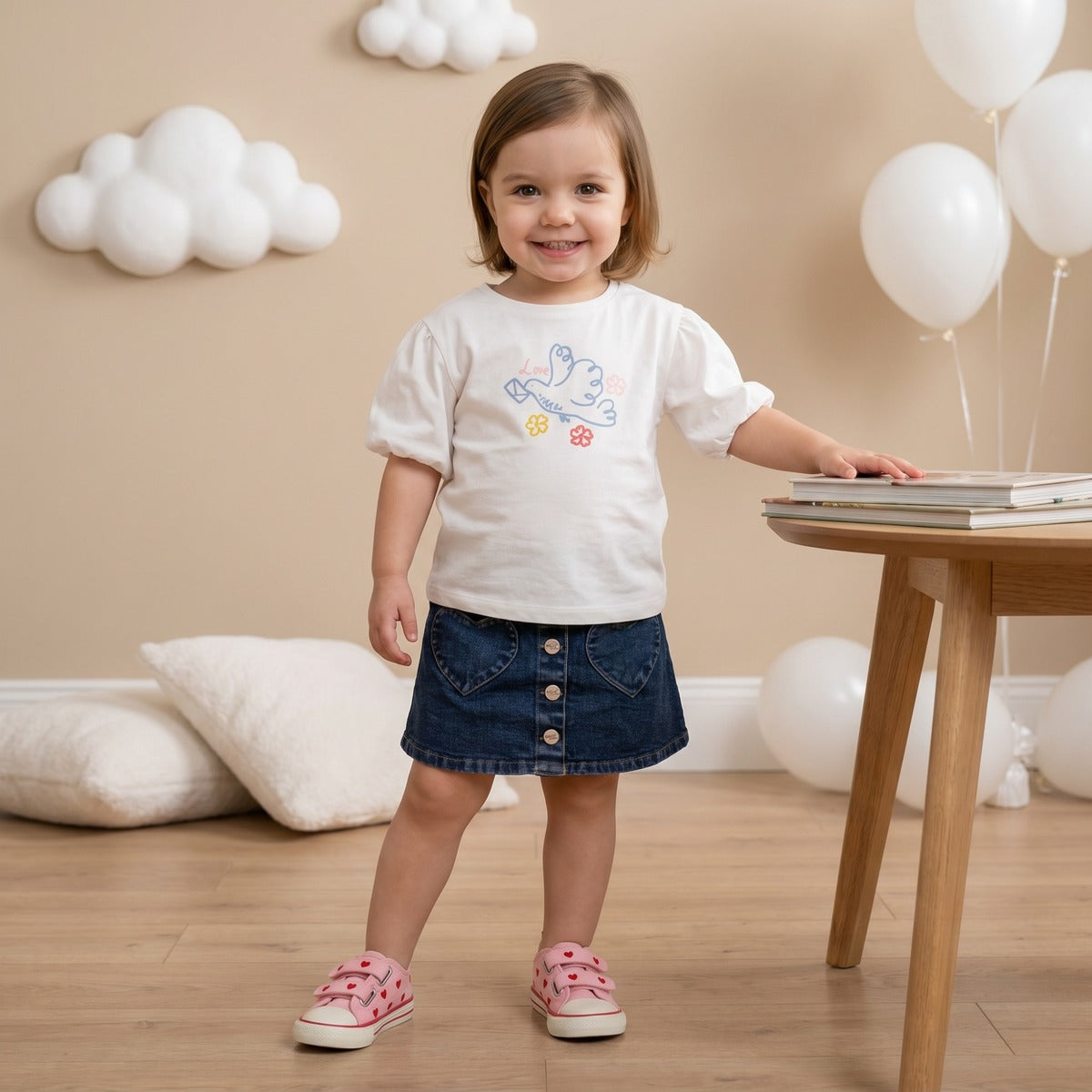 Baby Girls Navy Blue Denim Heart Applique Skirt Regular Fit Casual Wear