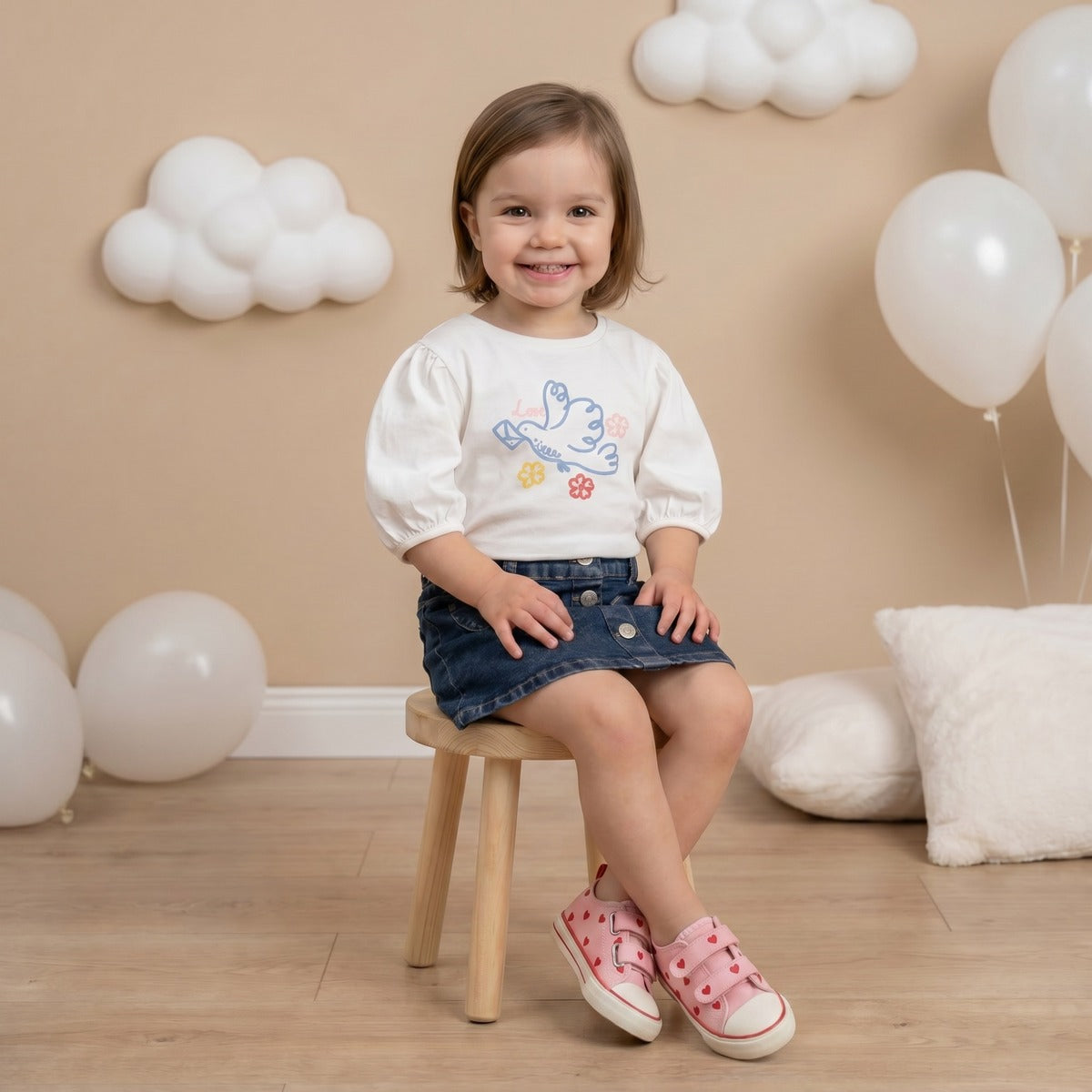 Baby Girls Navy Blue Denim Heart Applique Skirt Regular Fit Casual Wear
