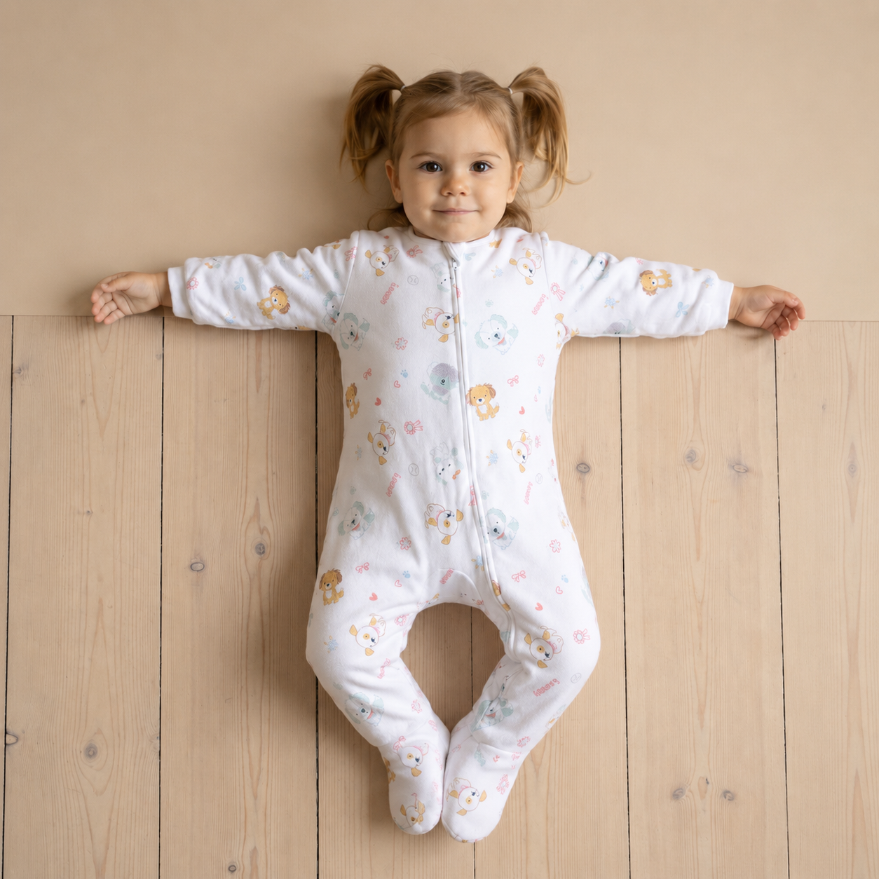 Baby Girls White Cotton Blend Animal Printed Sleepsuit Regular Fit Casual Wear