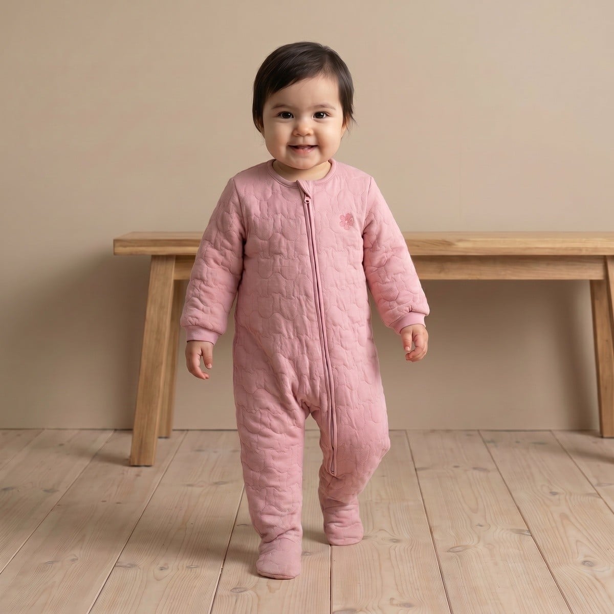 Baby Girls Dusty Pink Cotton Blend Floral Embroidered Quilted Sleepsuit Regular Fit Casual Wear
