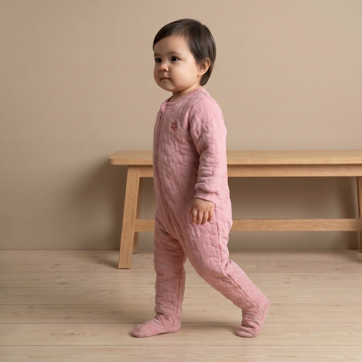 Baby Girls Dusty Pink Cotton Blend Floral Embroidered Quilted Sleepsuit Regular Fit Casual Wear