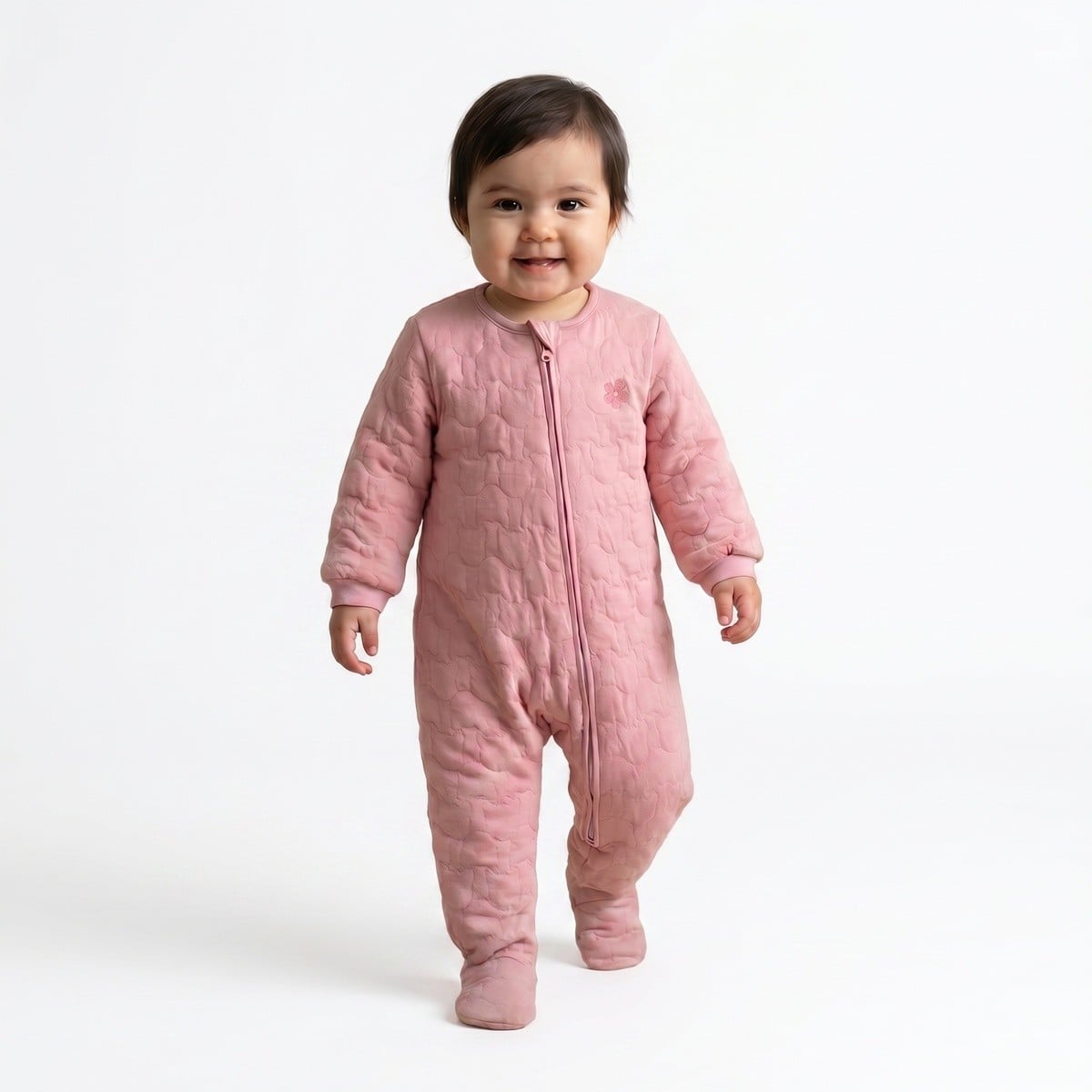 Baby Girls Dusty Pink Cotton Blend Floral Embroidered Quilted Sleepsuit Regular Fit Casual Wear