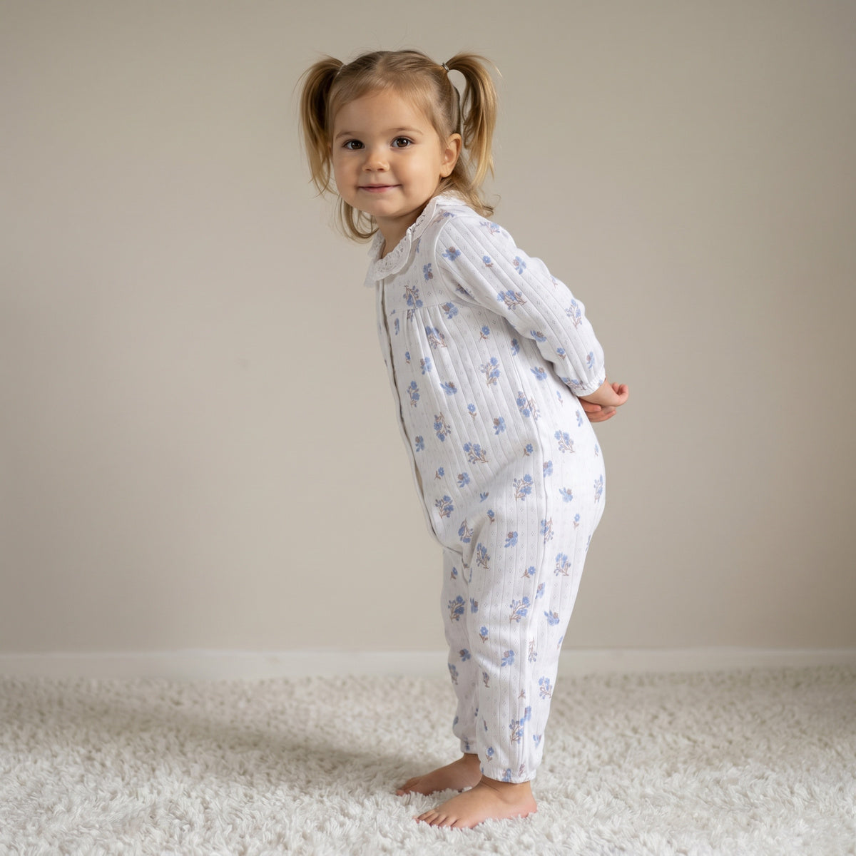 Baby Girls White Cotton Floral Printed Lace Collar Footed Sleepsuit Regular Fit Casual Wear