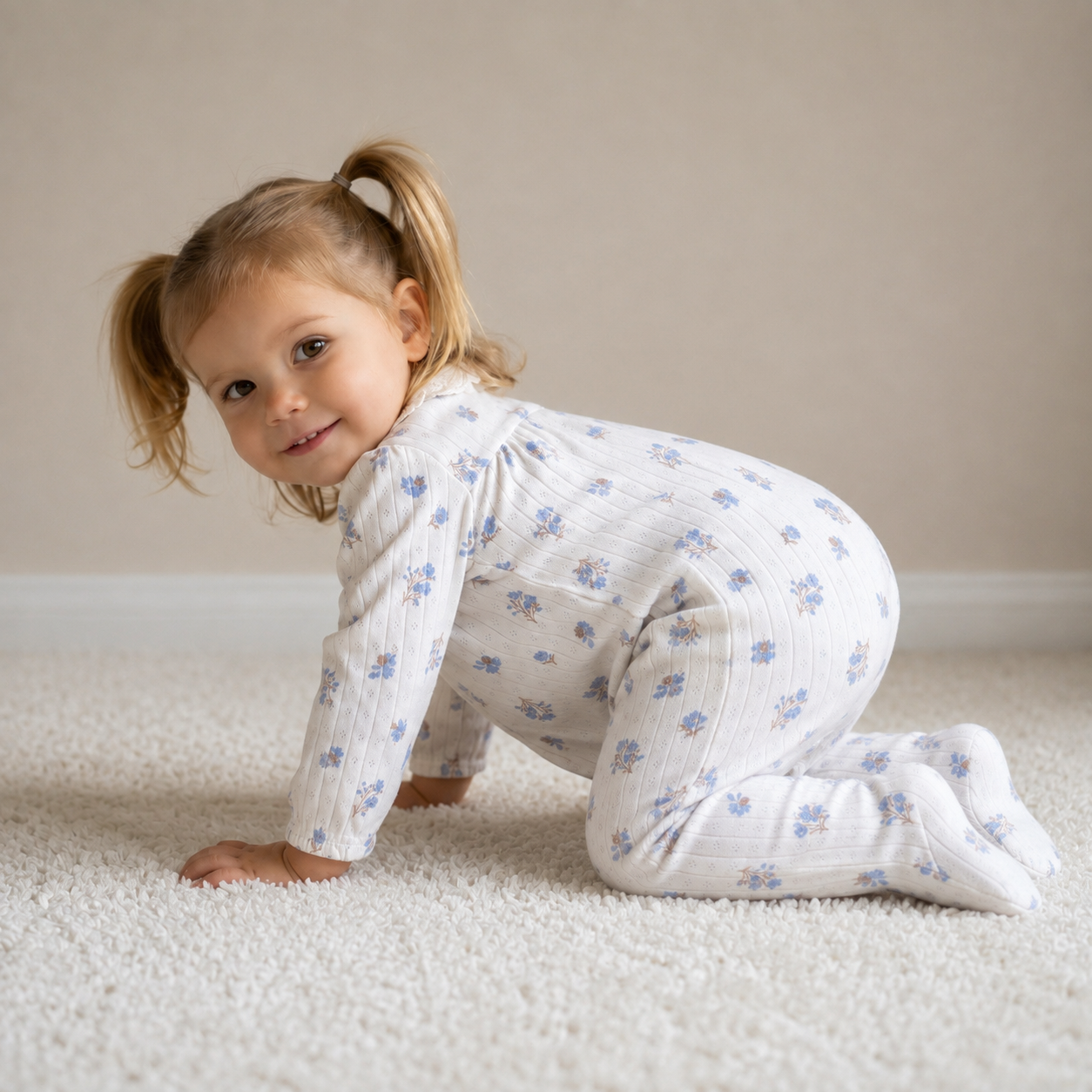 Baby Girls White Cotton Floral Printed Lace Collar Footed Sleepsuit Regular Fit Casual Wear