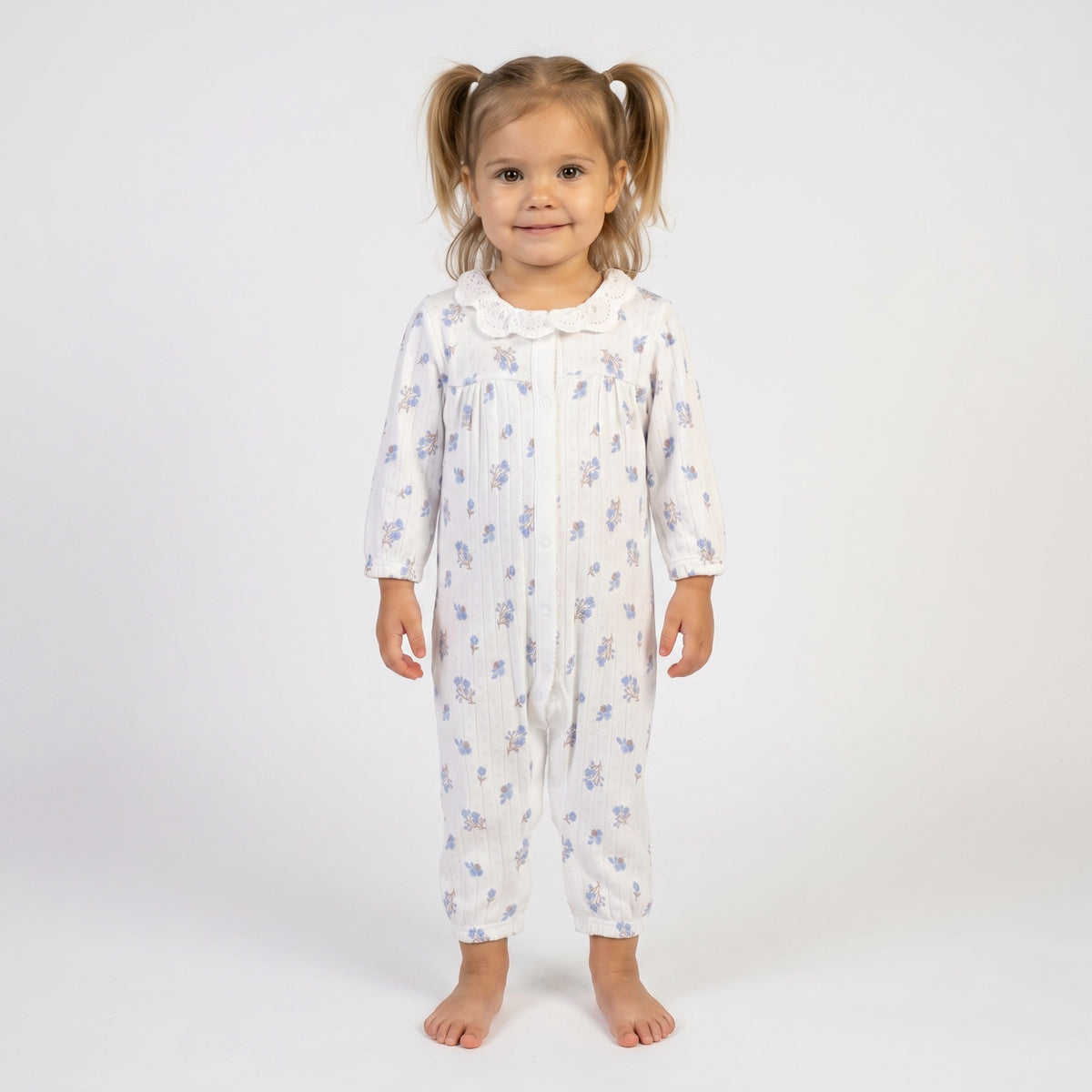 Baby Girls White Cotton Floral Printed Lace Collar Footed Sleepsuit Regular Fit Casual Wear