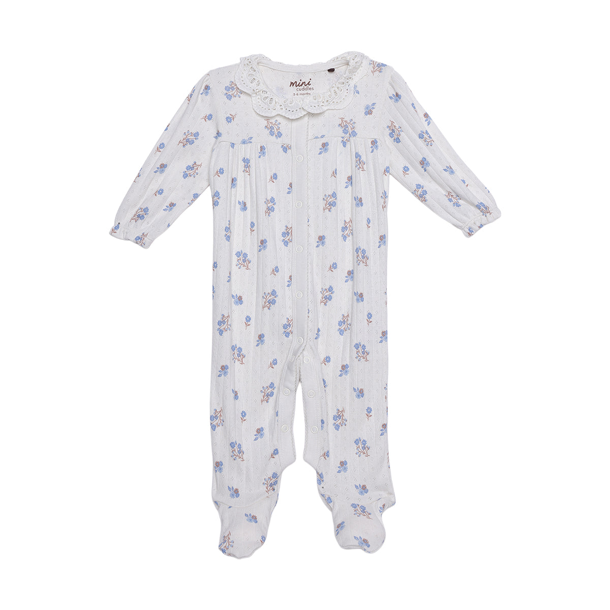 Baby Girls White Cotton Floral Printed Lace Collar Footed Sleepsuit Regular Fit Casual Wear