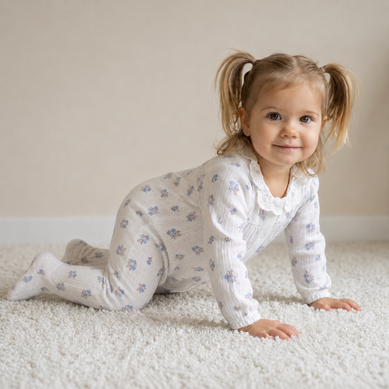 Baby Girls White Cotton Floral Printed Lace Collar Footed Sleepsuit Regular Fit Casual Wear