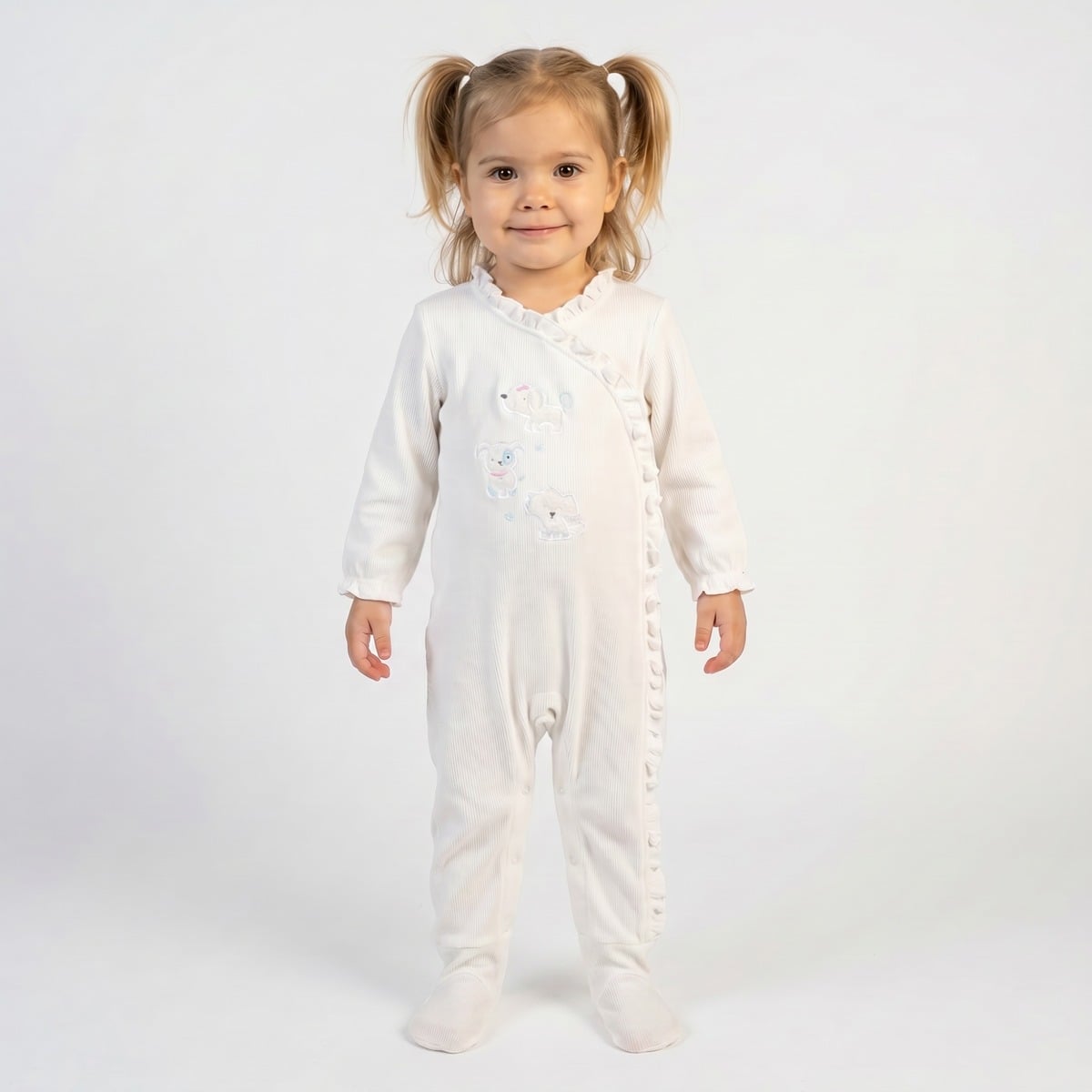 Baby Girls Off-White Cotton Blend Puppy Applique Footed Sleepsuit Regular Fit