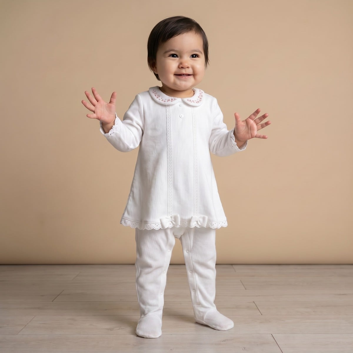 Baby Girls White Cotton Blend Floral Embroidered Collared Sleepsuit Regular Fit Casual Wear