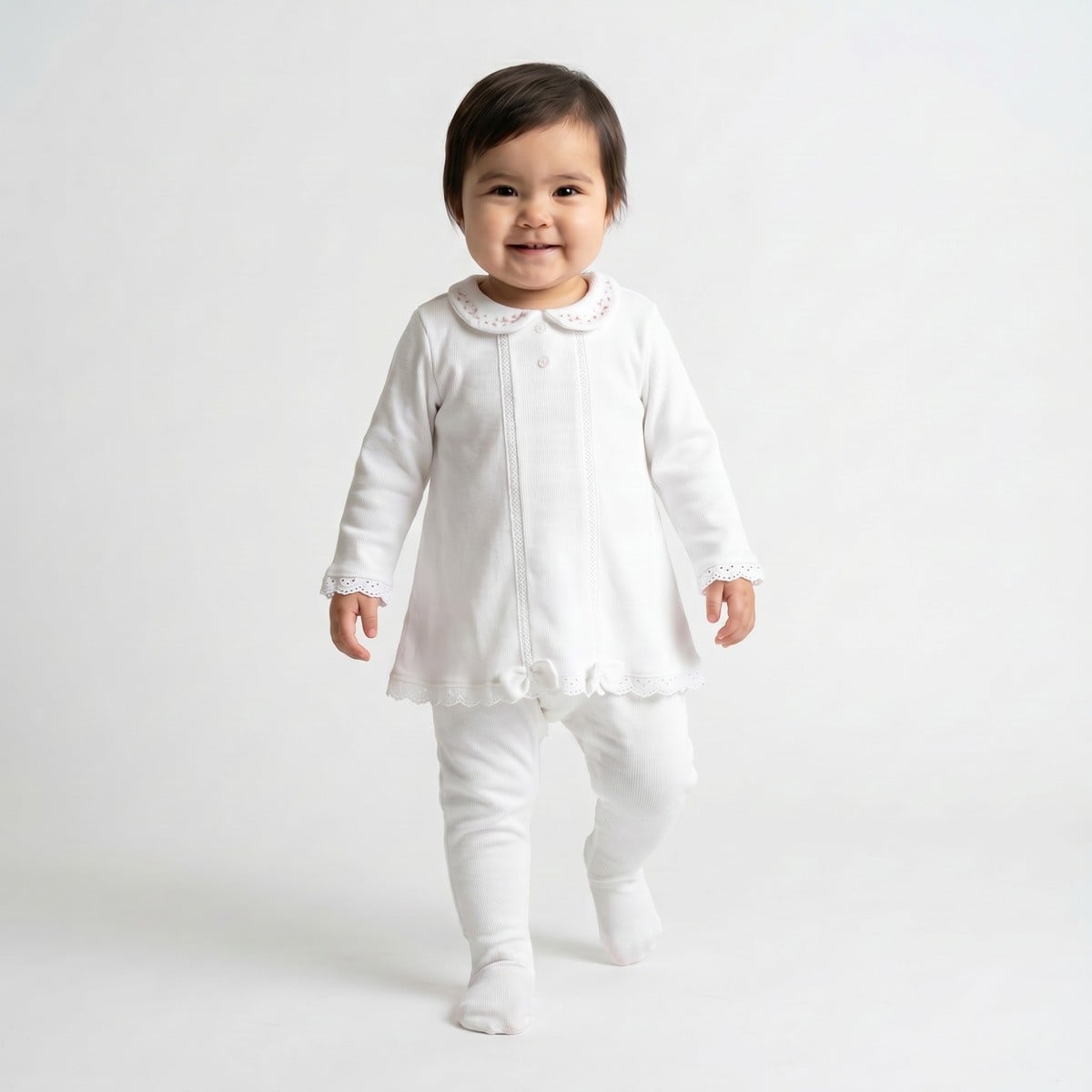 Baby Girls White Cotton Blend Floral Embroidered Collared Sleepsuit Regular Fit Casual Wear