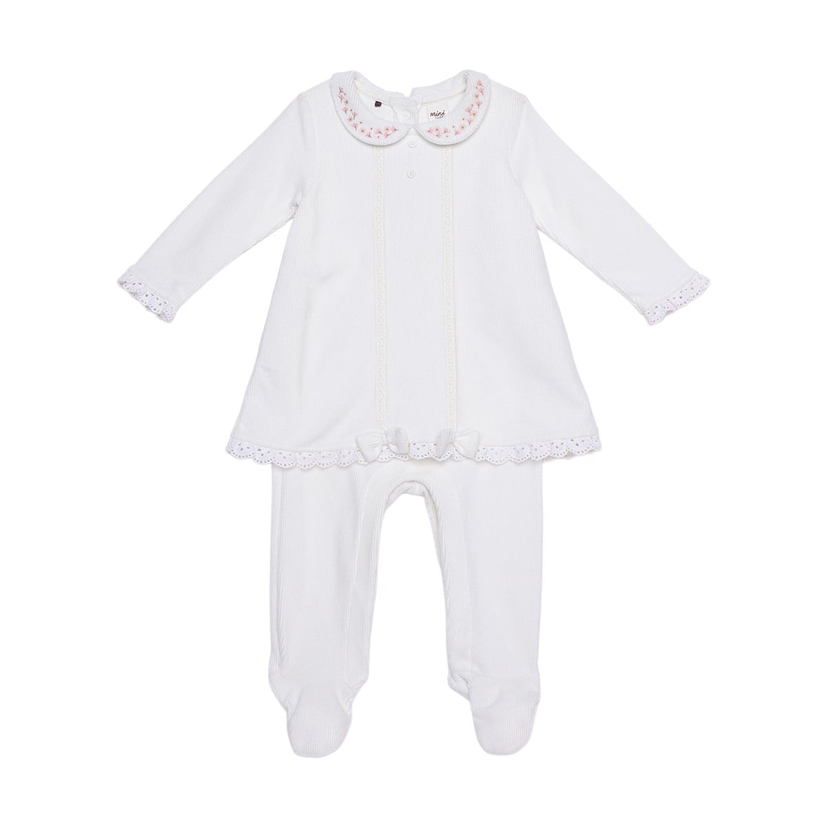 Baby Girls White Cotton Blend Floral Embroidered Collared Sleepsuit Regular Fit Casual Wear