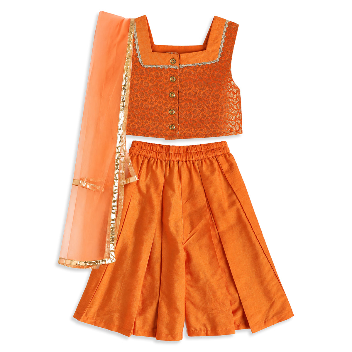 Girls Orange Floral Top and Palazzo Set with Dupatta for Festive Wear