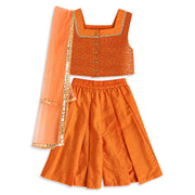 Girls Orange Floral Top and Palazzo Set with Dupatta for Festive Wear