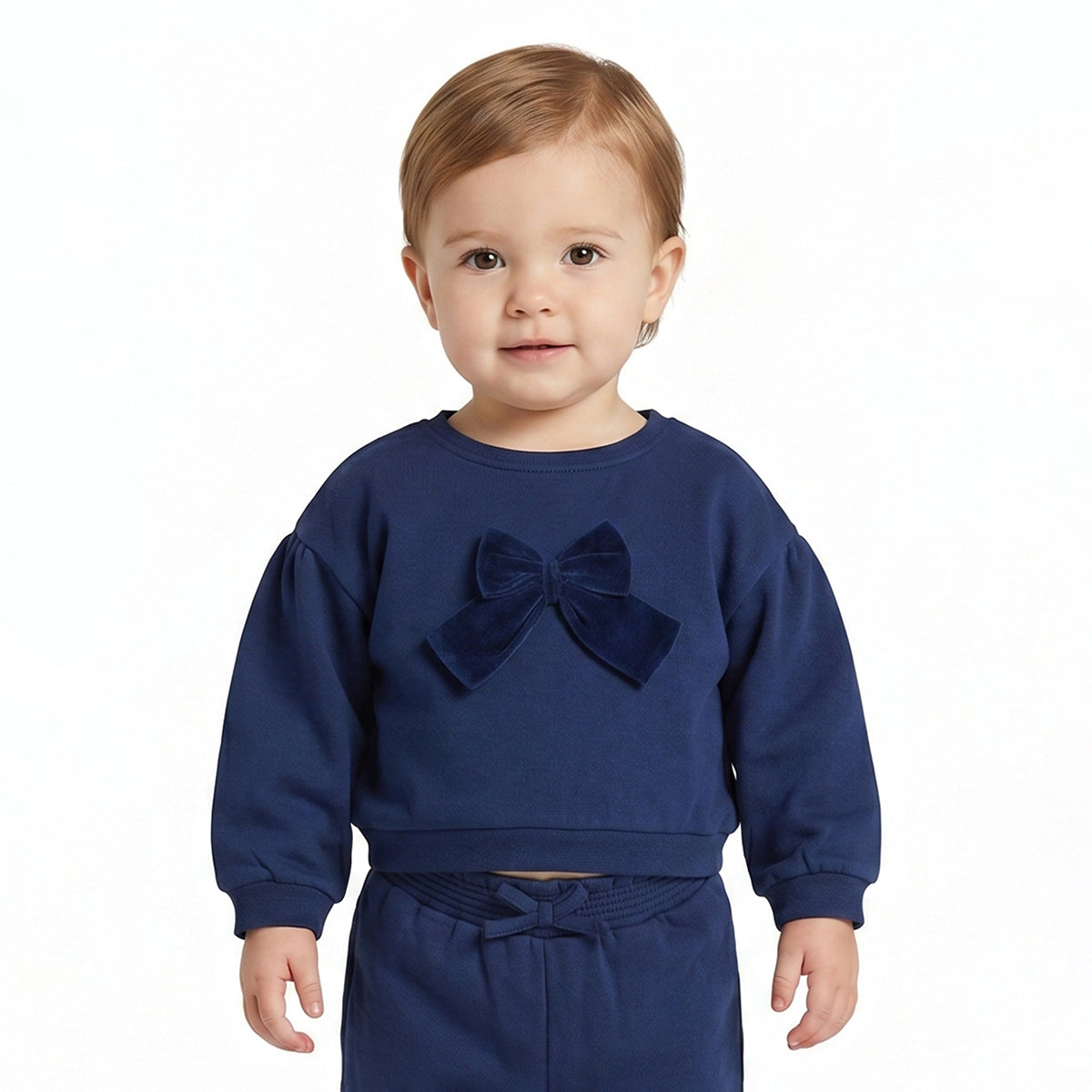 Baby Girls Navy Blue Cotton Bow Sweatshirt Regular Fit Casual Wear