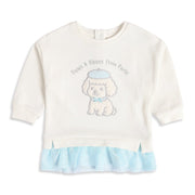 Baby Girls Off White And Light Blue Cotton Blend Dog Embroidered Sweatshirt Pack of 1 Regular Fit Casual Wear