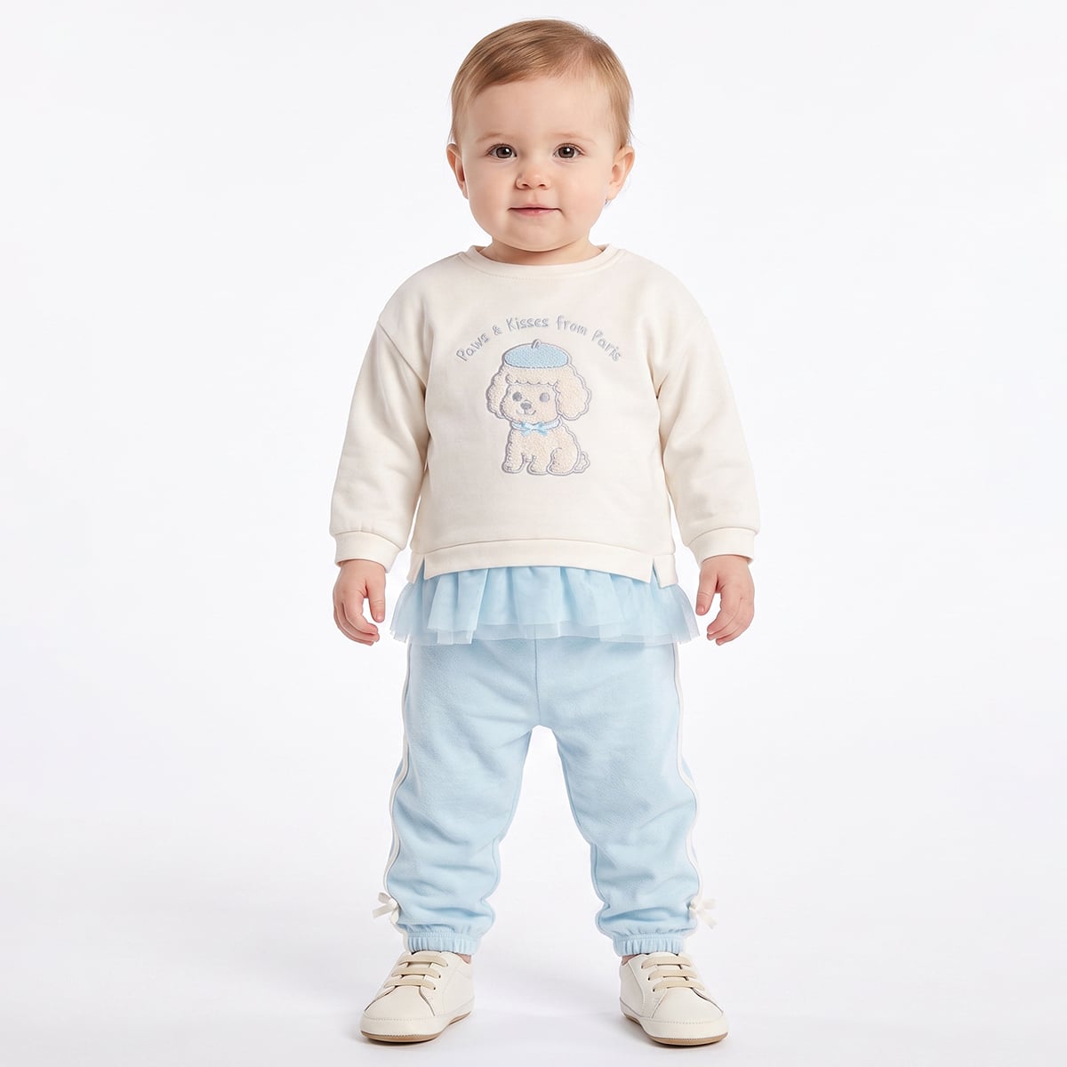 Baby Girls Off White And Light Blue Cotton Blend Dog Embroidered Sweatshirt Pack of 1 Regular Fit Casual Wear