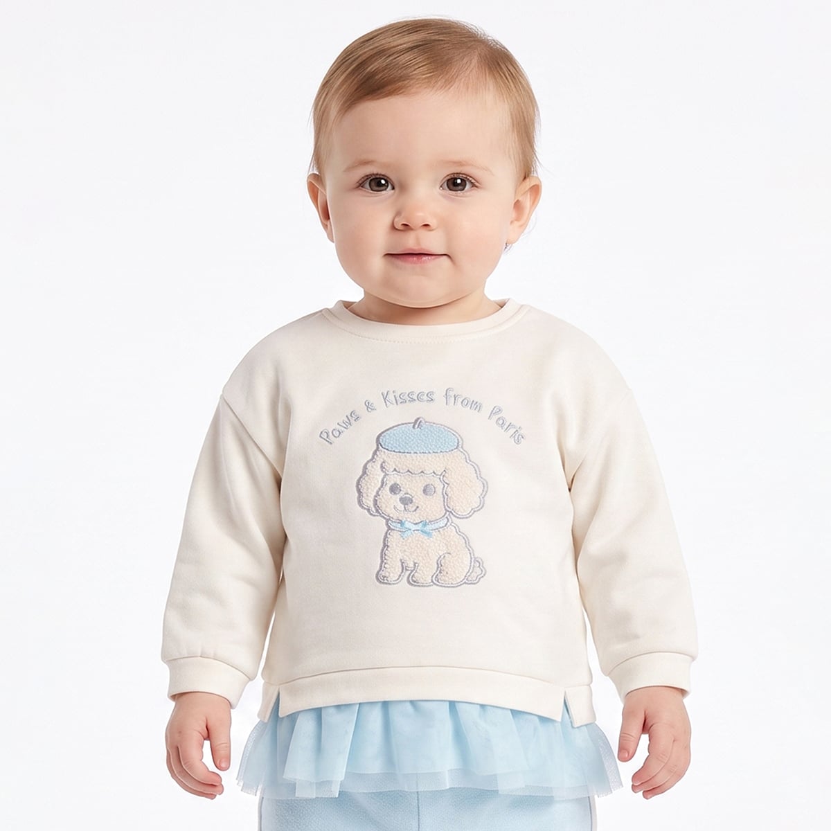 Baby Girls Off White And Light Blue Cotton Blend Dog Embroidered Sweatshirt Pack of 1 Regular Fit Casual Wear