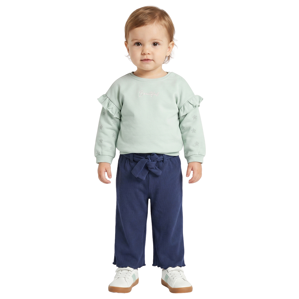 Baby Girls Mint Green Ruffle Sleeve Sweatshirt Regular Fit