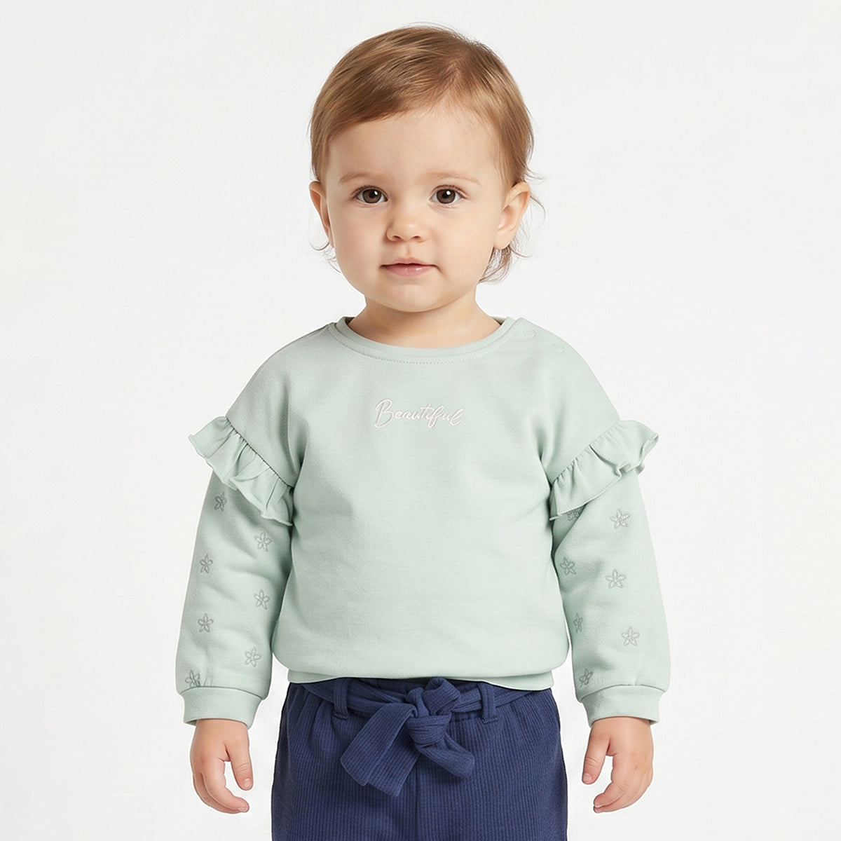 Baby Girls Mint Green Ruffle Sleeve Sweatshirt Regular Fit .
