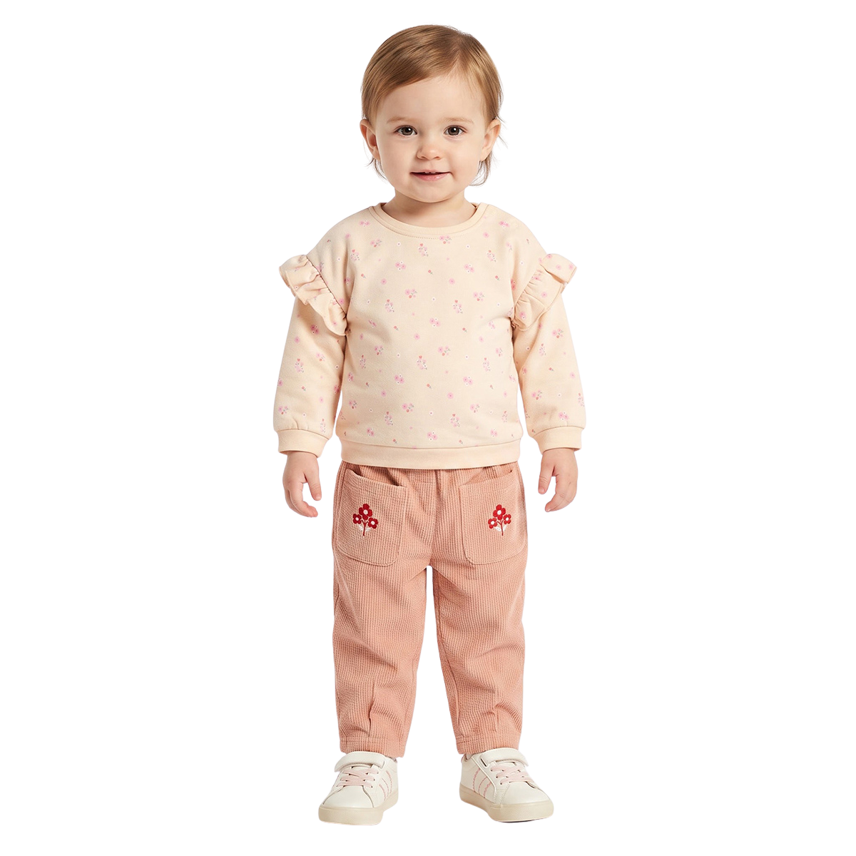 Baby Girls Peach Cotton Floral Printed Sweatshirt with Ruffle Detail