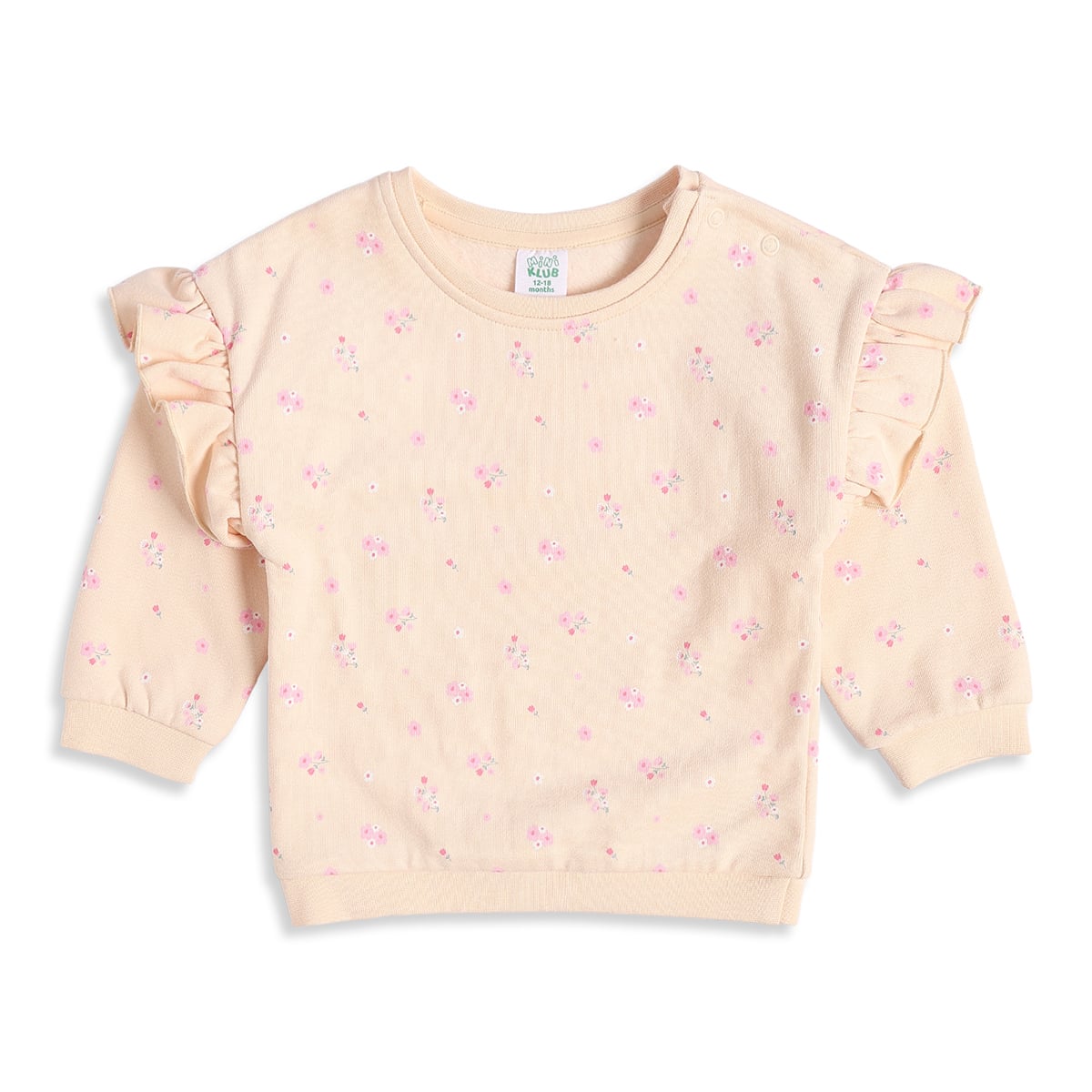 Baby Girls Peach Cotton Floral Printed Sweatshirt with Ruffle Detail Regular Fit Casual Wear