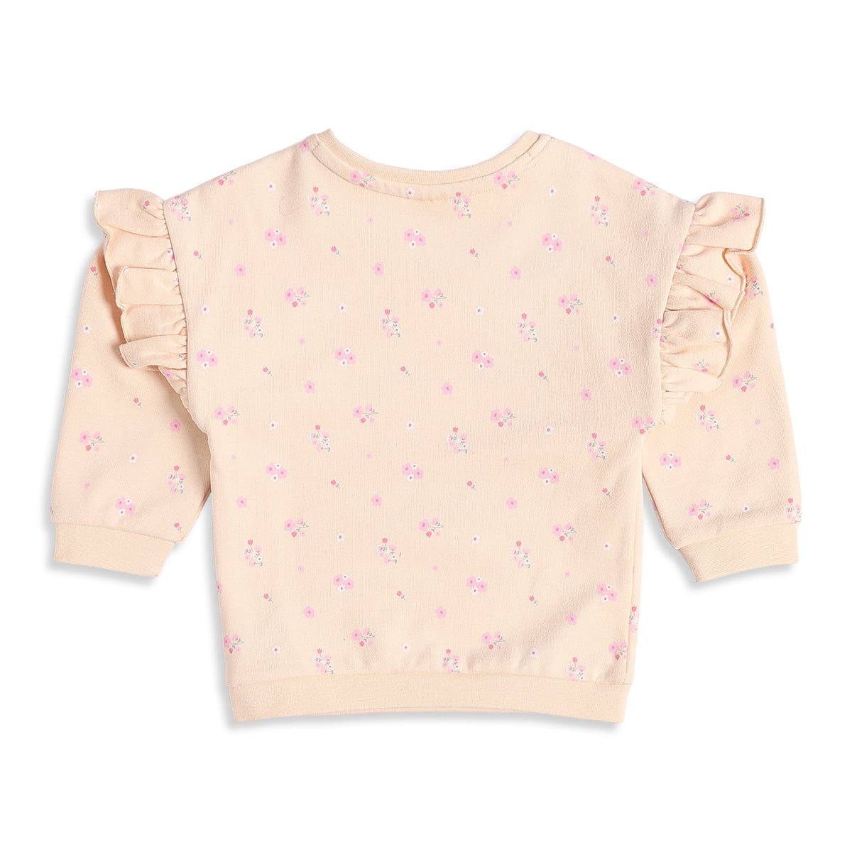 Baby Girls Peach Cotton Floral Printed Sweatshirt with Ruffle Detail Regular Fit Casual Wear