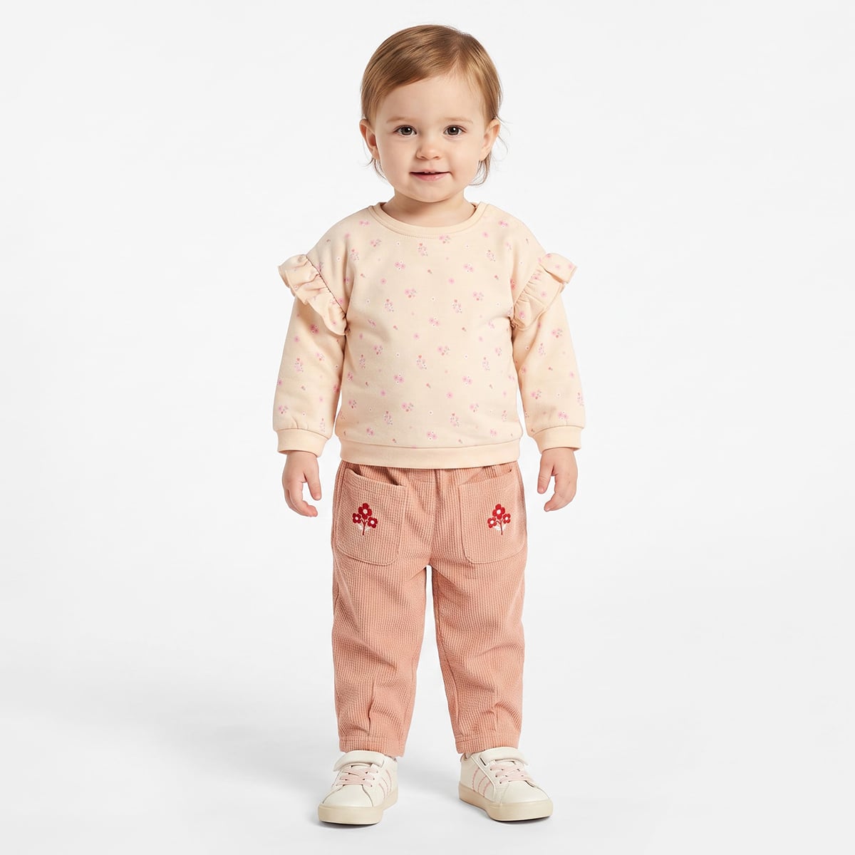 Baby Girls Peach Cotton Floral Printed Sweatshirt with Ruffle Detail Regular Fit Casual Wear